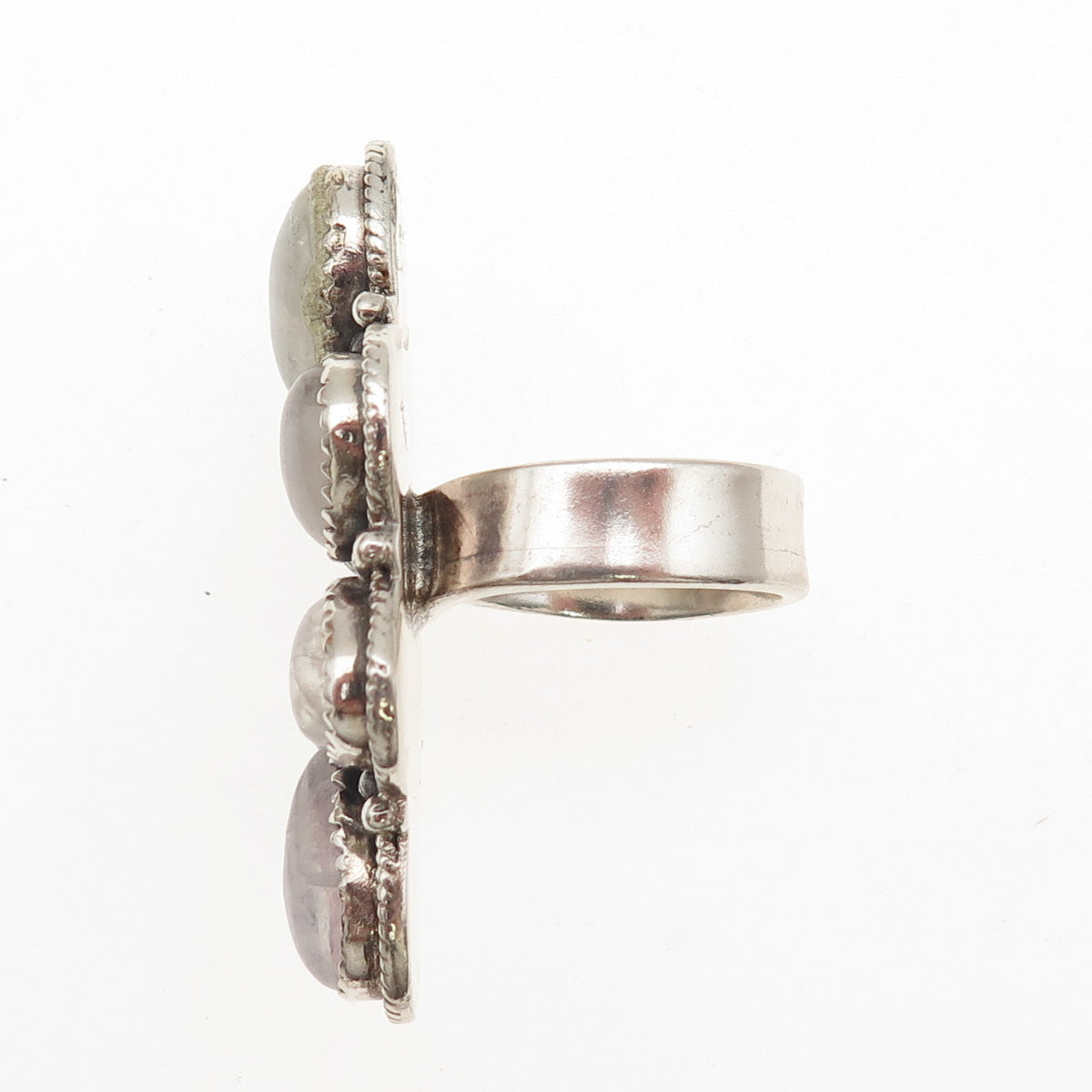 925 Sterling Vintage Real Pink Moonstone Modernist Adjustable Ring Size 7.5