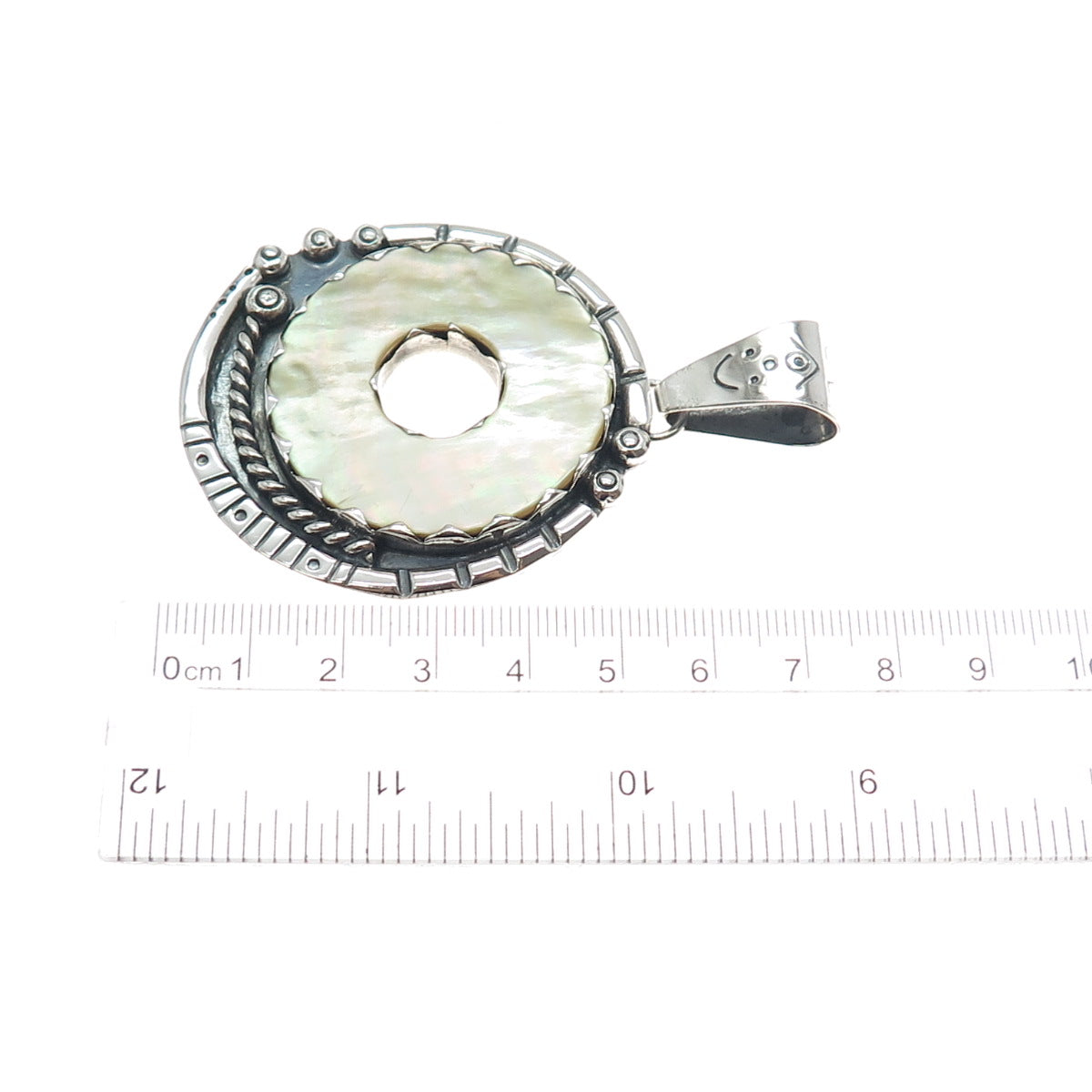 925 Sterling Silver Vintage Real MOP Modernist Oxidized Pendant