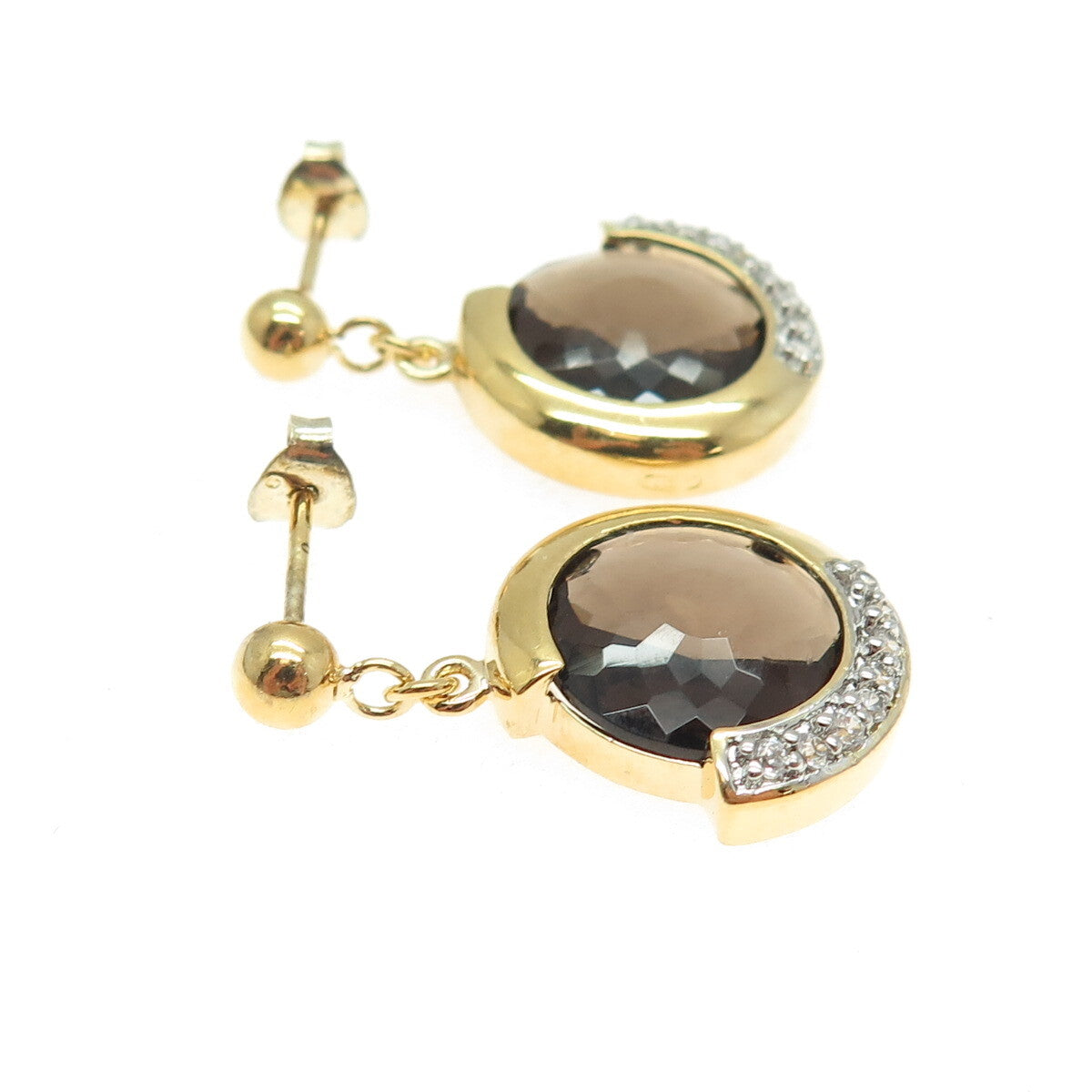 925 Sterling Silver Gold Plated Real Smoky Quartz & C Z Crescent Dangle Earrings