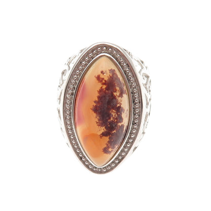 Ken Crafts 925 Sterling Silver Real Agate Floral Scroll Ring Size 7.25