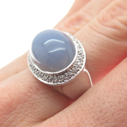 925 Sterling Silver Vintage Real Oval-Cut Lavender Jade Gem & C Z Ring Size 7.25
