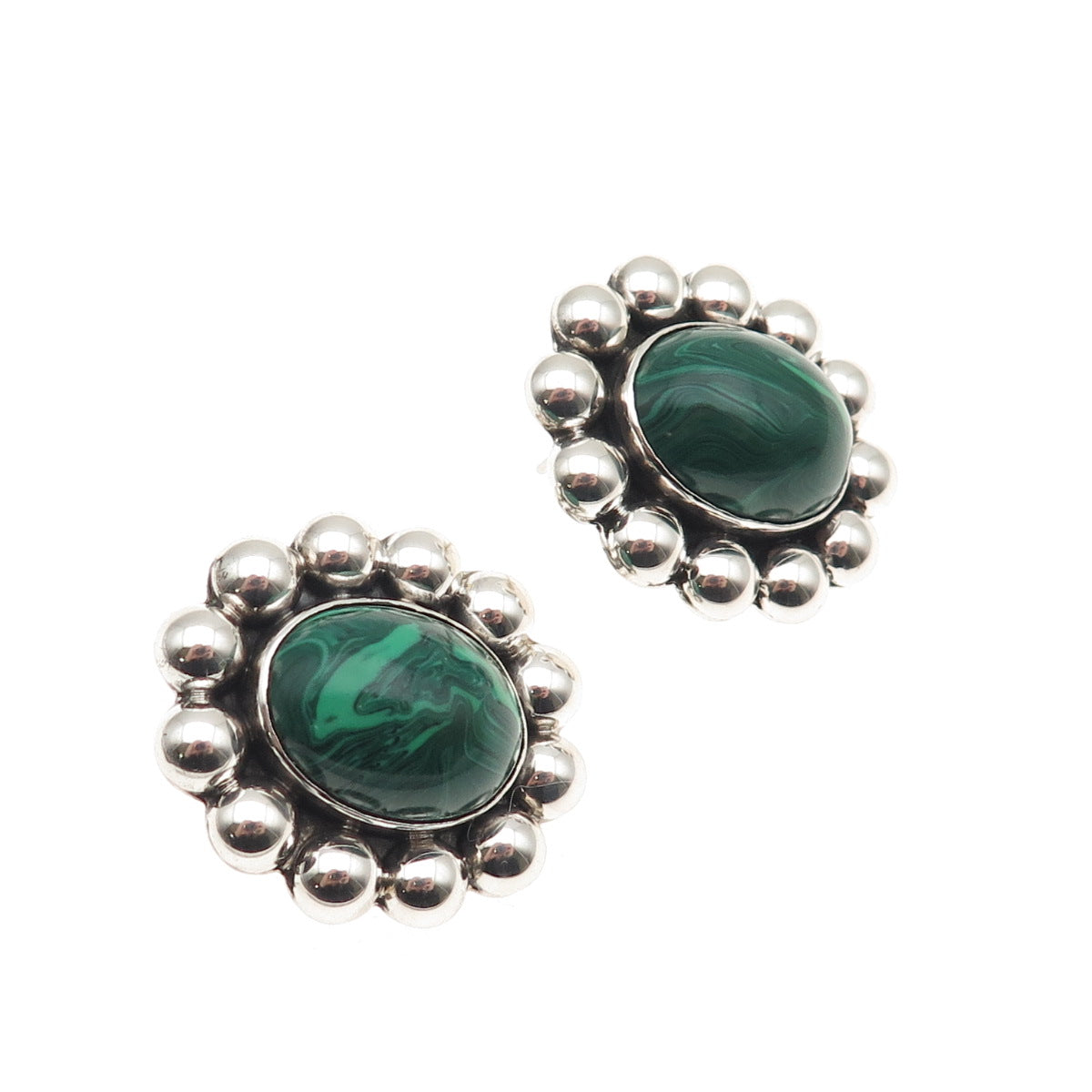 925 Sterling Silver Vintage Mexico Real Malachite Oxidized Beaded Earrings