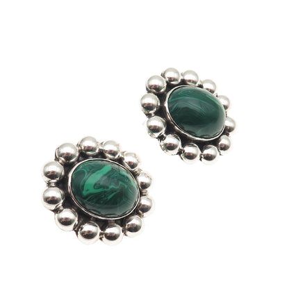925 Sterling Silver Vintage Mexico Real Malachite Oxidized Beaded Earrings
