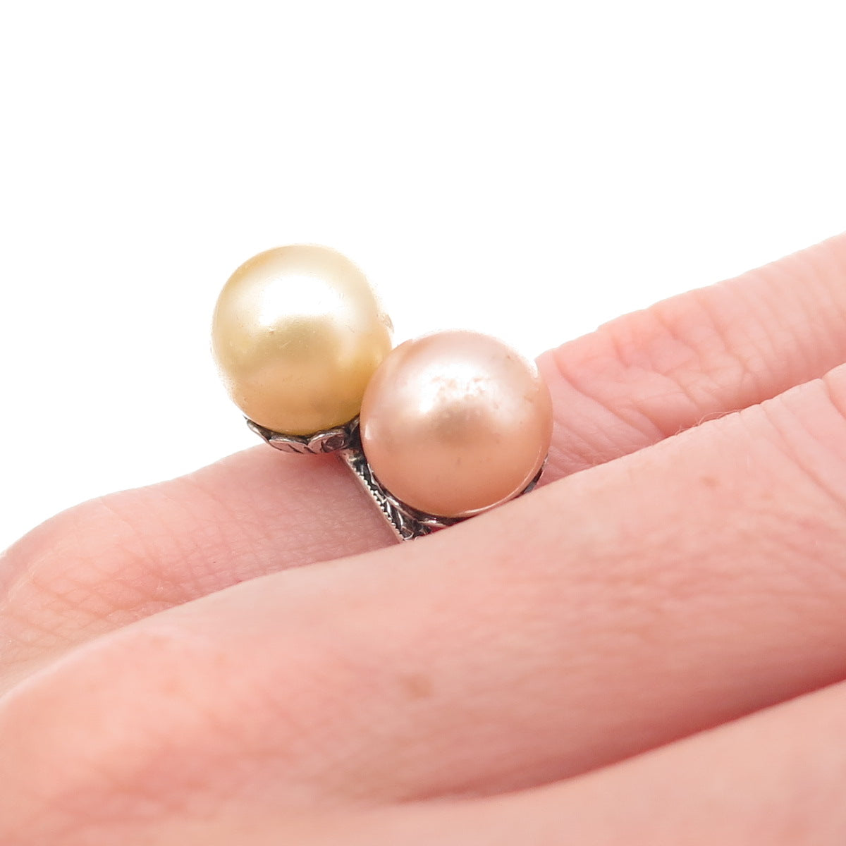 925 Sterling Silver Antique Art Deco Faux Pearl Bypass Adjustable Ring Size 3.75