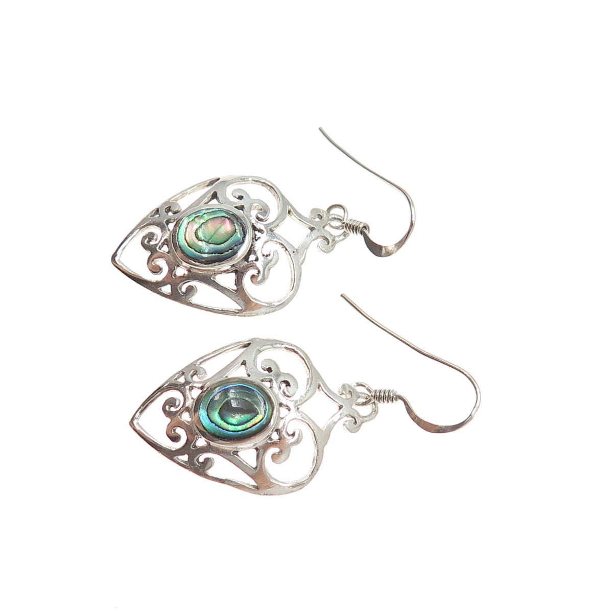 925 Sterling Silver Vintage Real Abalone Shell Ornate Heart Dangle Earrings