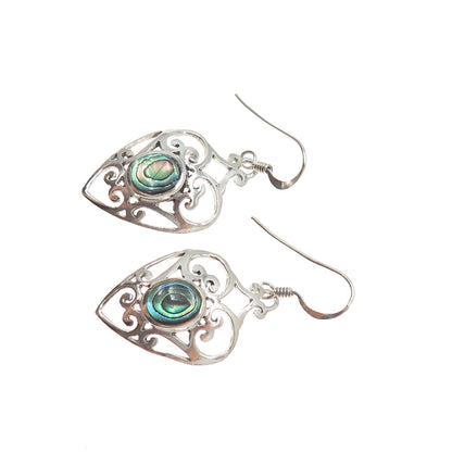 925 Sterling Silver Vintage Real Abalone Shell Ornate Heart Dangle Earrings