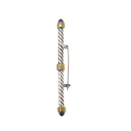 925 Sterling Silver 2-Tone Vintage Real Sodalite Bar Oxidized Pin Brooch