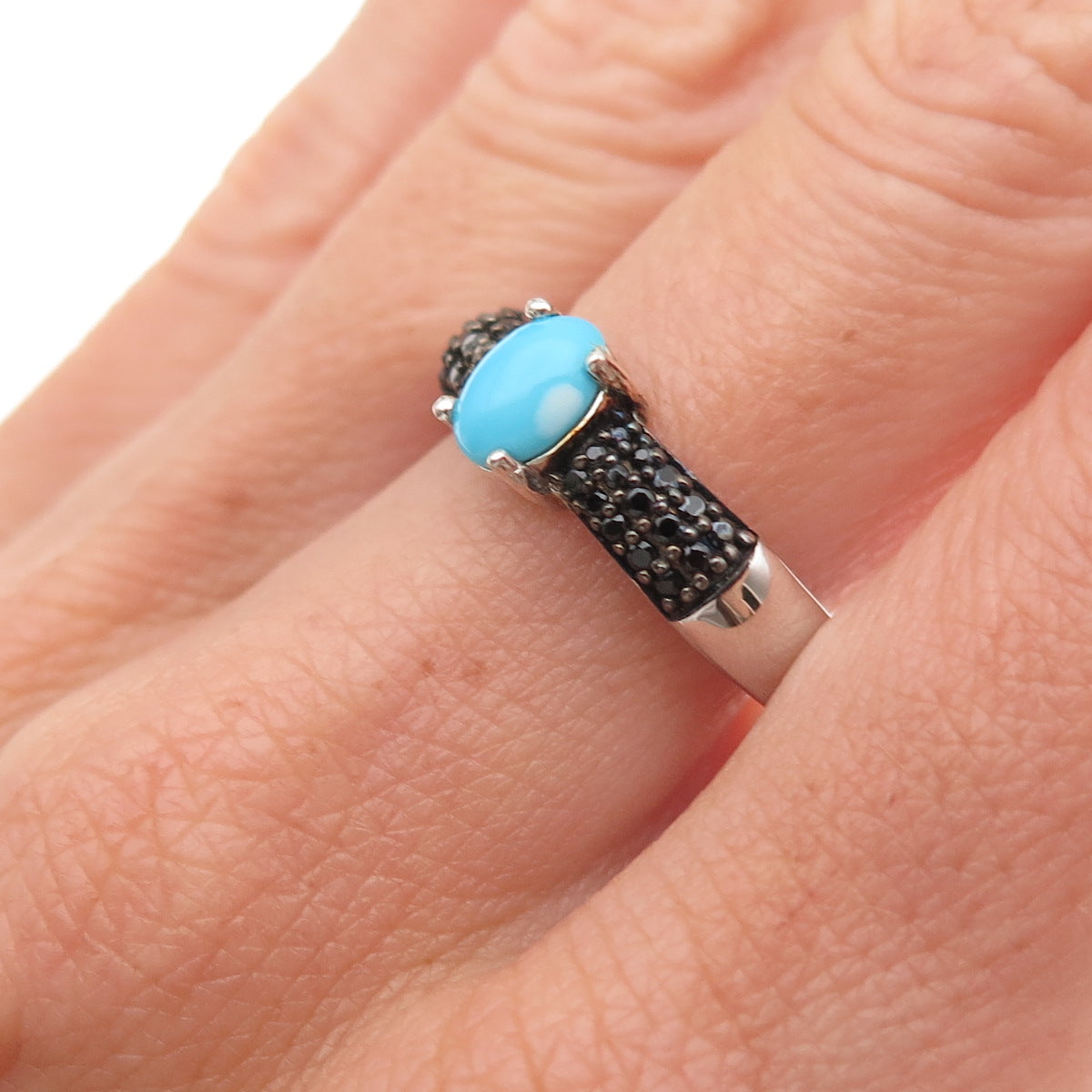 Chuck Clemency 925 Sterling Silver Real Turquoise & Black Spinel Ring Size 8.25