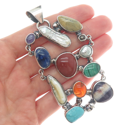925 Sterling Silver Vintage Mexico Real Multi-Color Gem Modernist Pendant