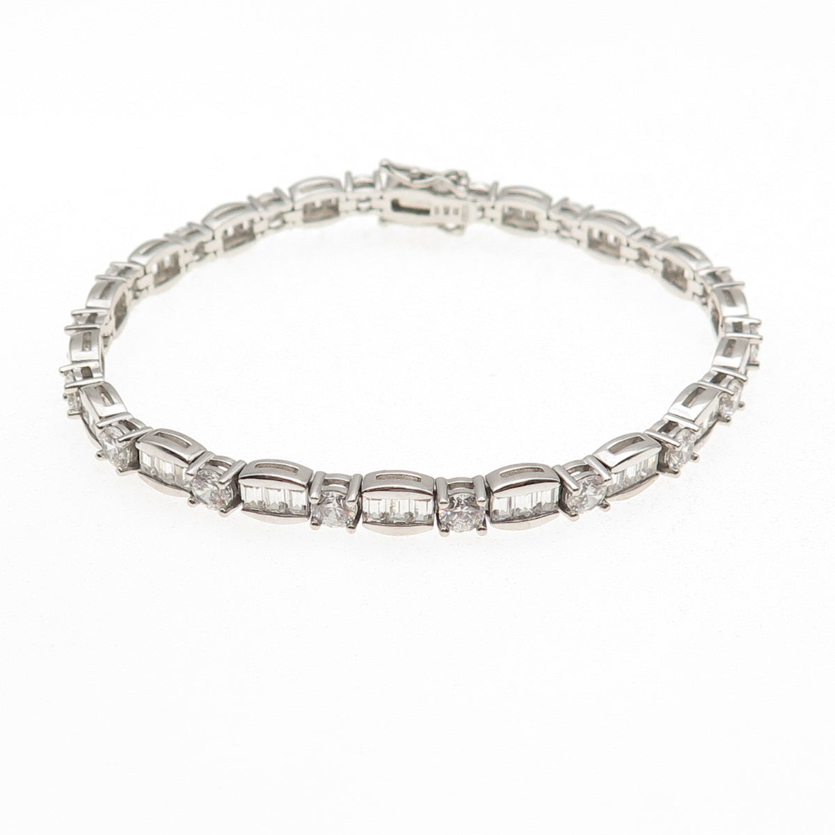 925 Sterling Silver Round & Emerald-Cut C Z Bracelet 7.5"