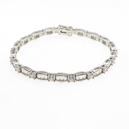 925 Sterling Silver Round & Emerald-Cut C Z Bracelet 7.5"