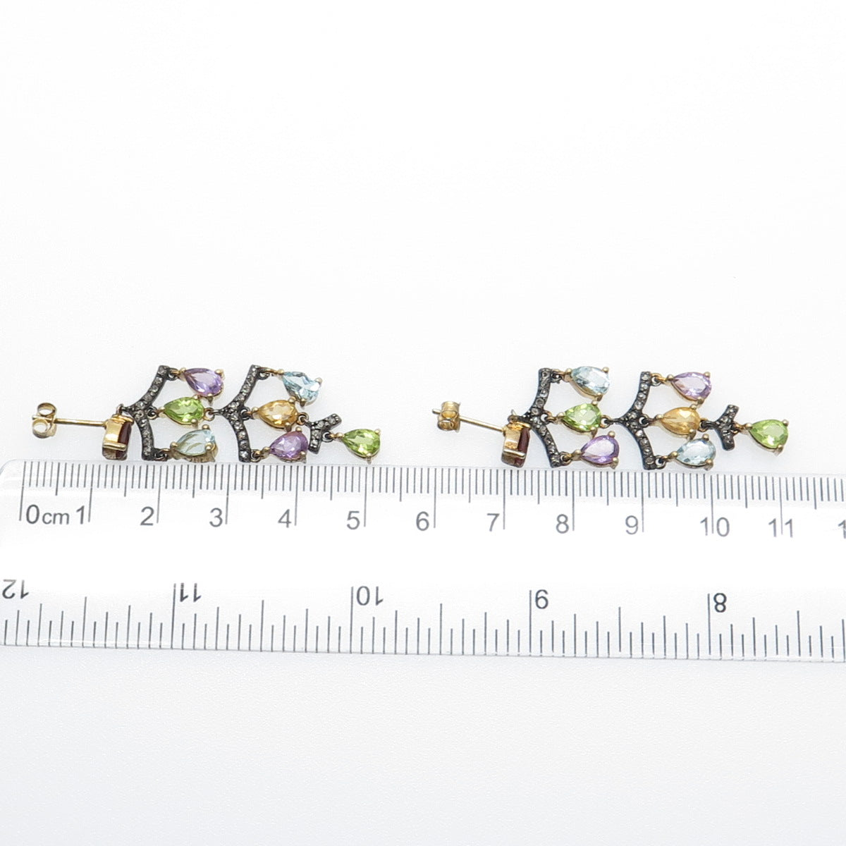 925 Sterling Silver Gold Plated Black Rhodium Real Diamond & Multi-Gem Earrings