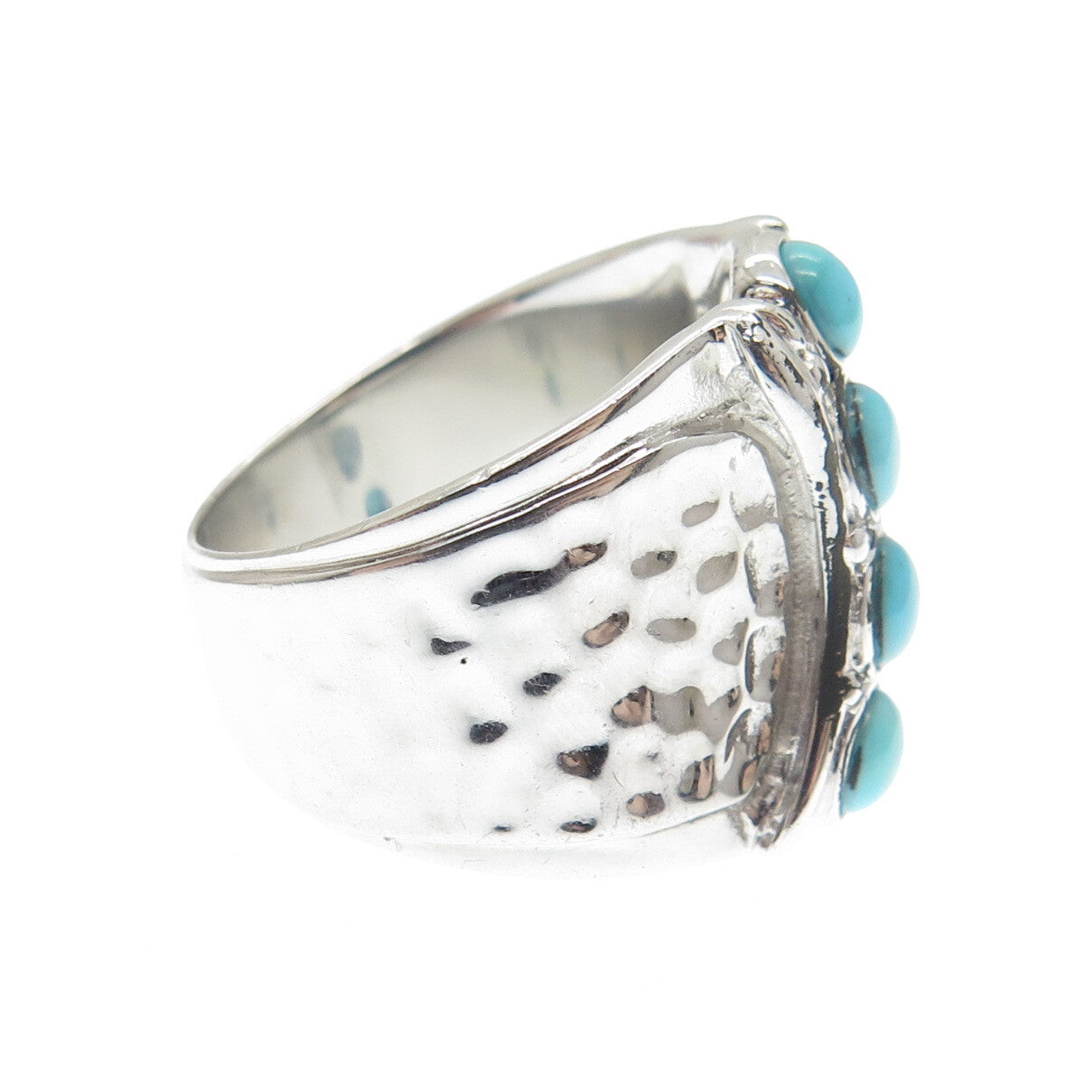 925 Sterling Silver Real Turquoise Gemstone Hammered Finish Ring Size 6.5