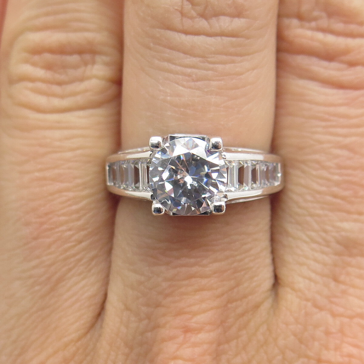 925 Sterling Silver Round & Emerald-Cut C Z Engagement Ring Size 7