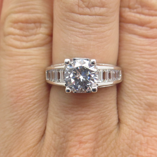 925 Sterling Silver Round & Emerald-Cut C Z Engagement Ring Size 7