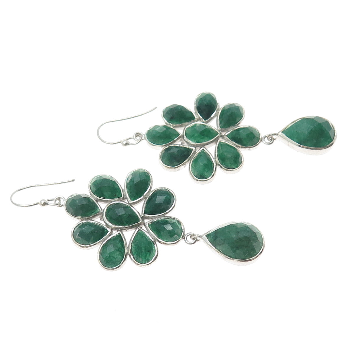 925 Sterling Silver Real Pear-Cut Emerald Flower Dangle Earrings