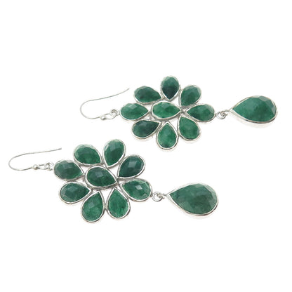 925 Sterling Silver Real Pear-Cut Emerald Flower Dangle Earrings
