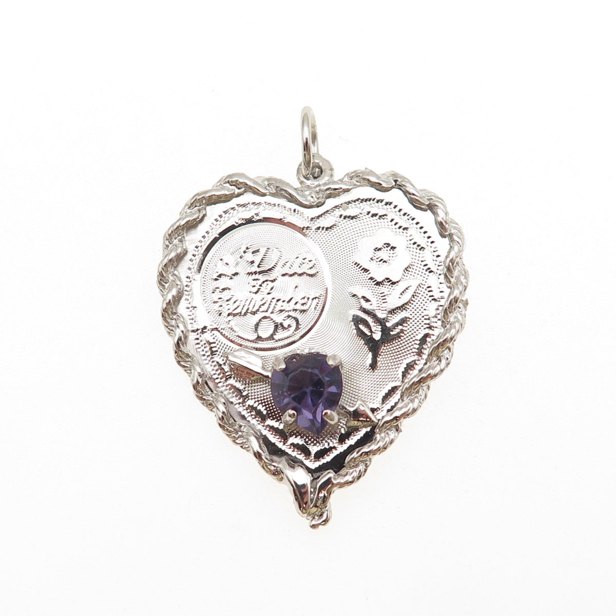 925 Sterling Silver Vintage Rhinestone A Date To Remember Heart Charm Pendant