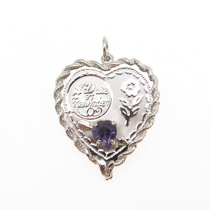 925 Sterling Silver Vintage Rhinestone A Date To Remember Heart Charm Pendant