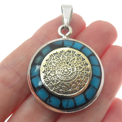 925 Sterling 2-Tone Vintage Turquoise & Abalone Shell Mayan Calendar Pendant