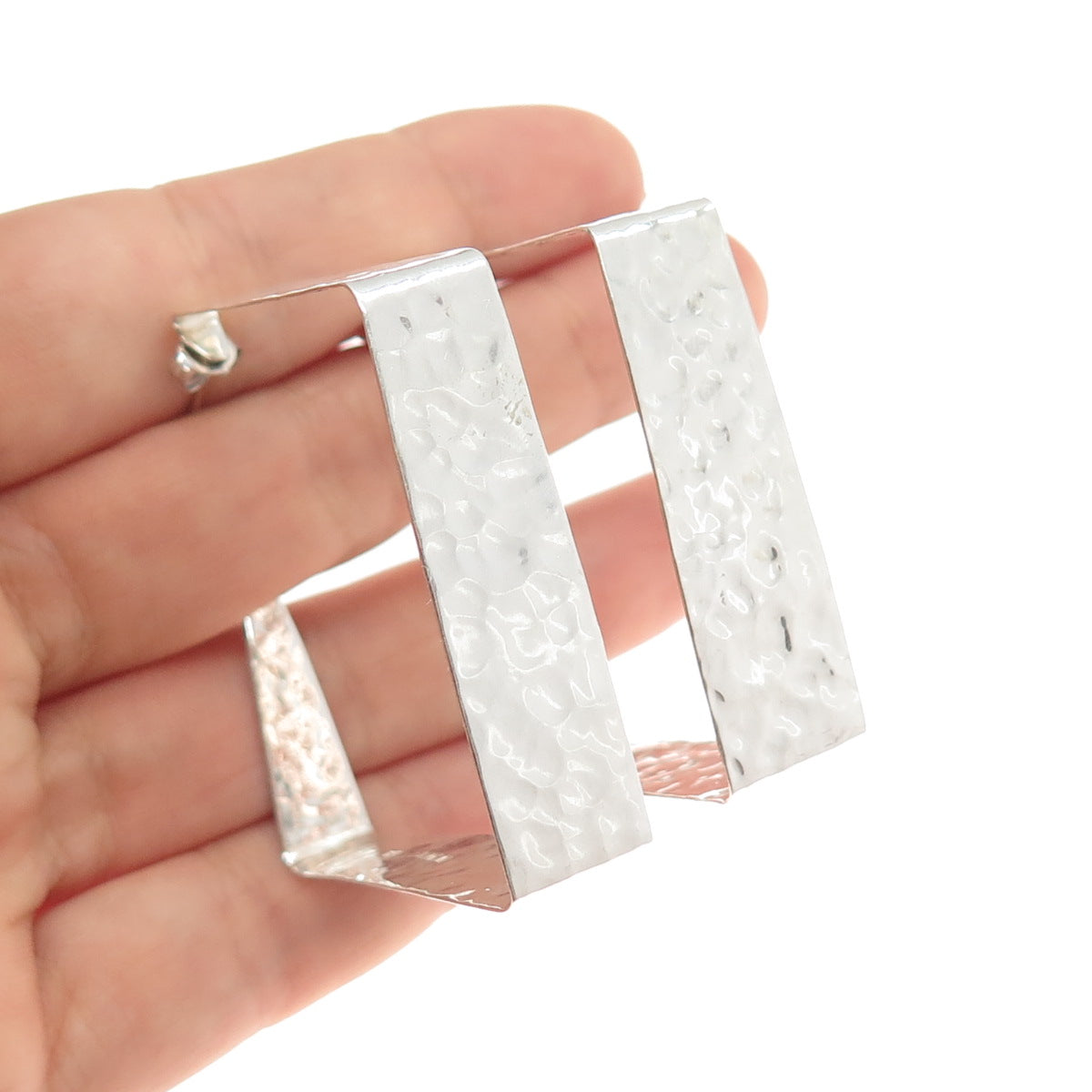 925 Sterling Silver Vintage Mexico Modernist Hammered Square Hoop Earrings