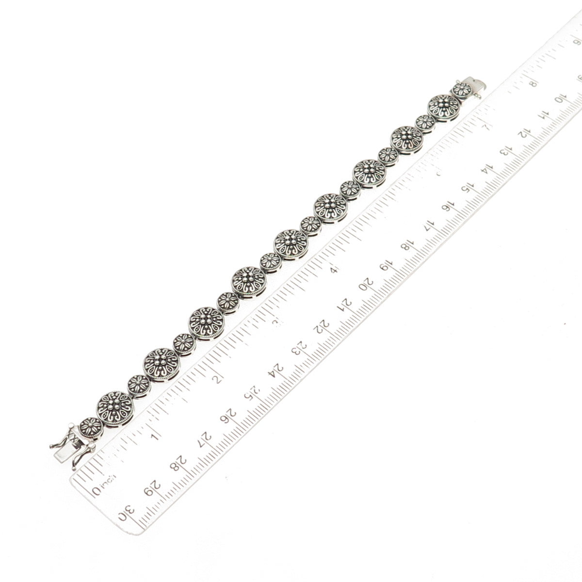 925 Sterling Silver Vintage Floral Disc Link Oxidized Bracelet 7"