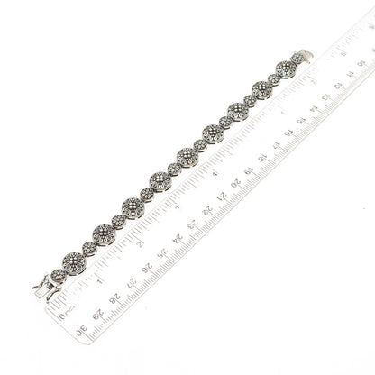 925 Sterling Silver Vintage Floral Disc Link Oxidized Bracelet 7"