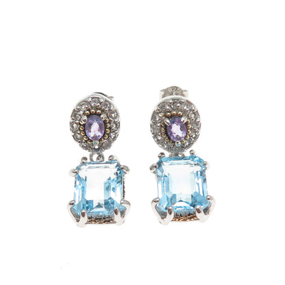 925 Sterling Silver 2-Tone Real Blue & White Topaz Amethyst Dangle Earrings