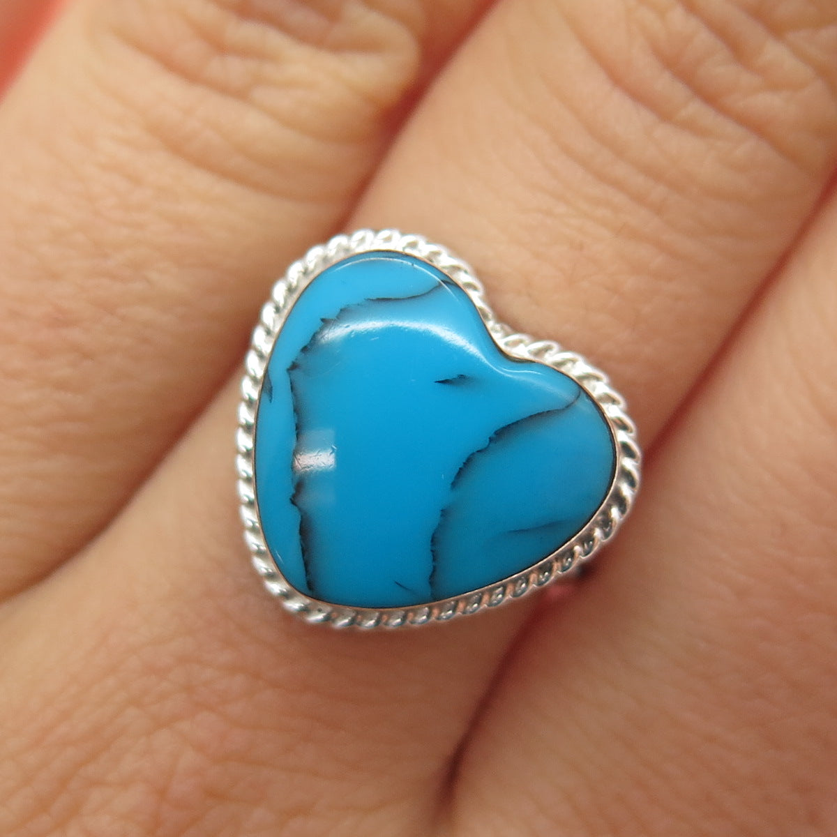 925 Sterling Silver Vintage Mexico Real Turquoise Heart Ring Size 8