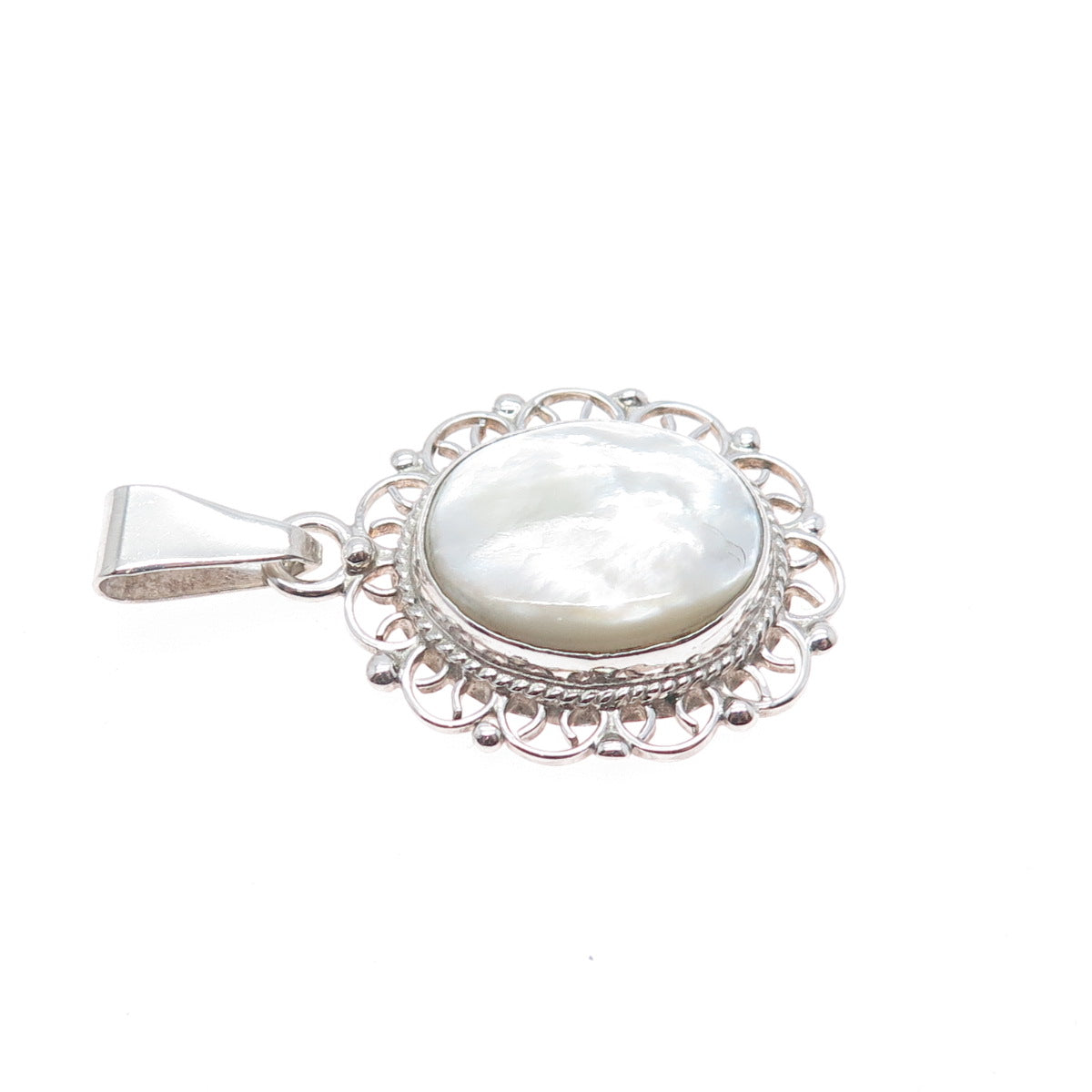 925 Sterling Silver Vintage Mexico Real MOP Ornate Charm Pendant