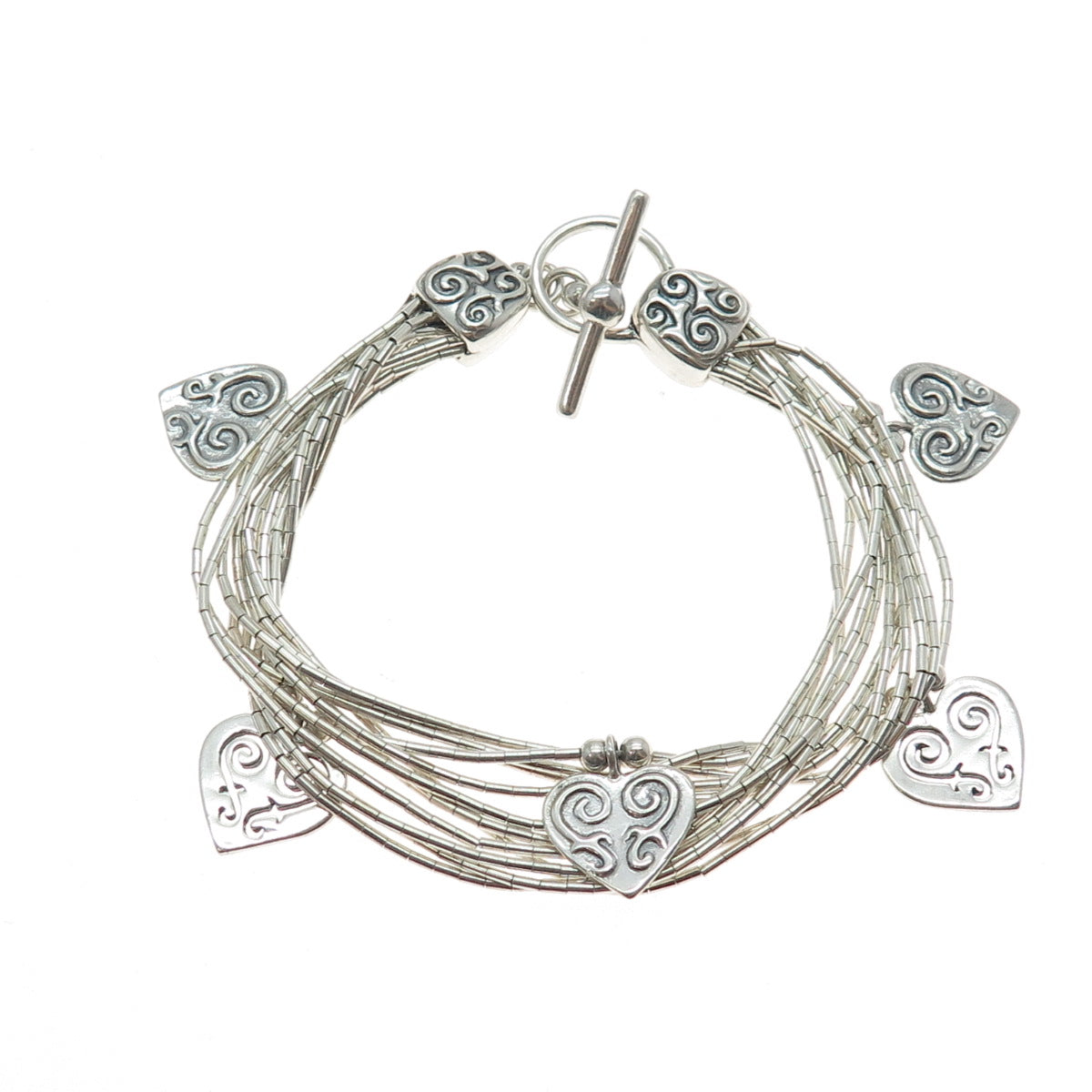 SHUBE 925 Sterling Silver Vintage Heart Multi-Strand Liquid Chain Bracelet 6.75"