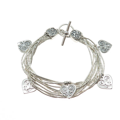 SHUBE 925 Sterling Silver Vintage Heart Multi-Strand Liquid Chain Bracelet 6.75"