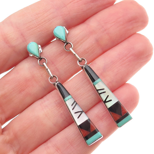 M.R. Noche Zuni Old Pawn 925 Sterling Vintage Turquoise Coral Onyx MOP Earrings