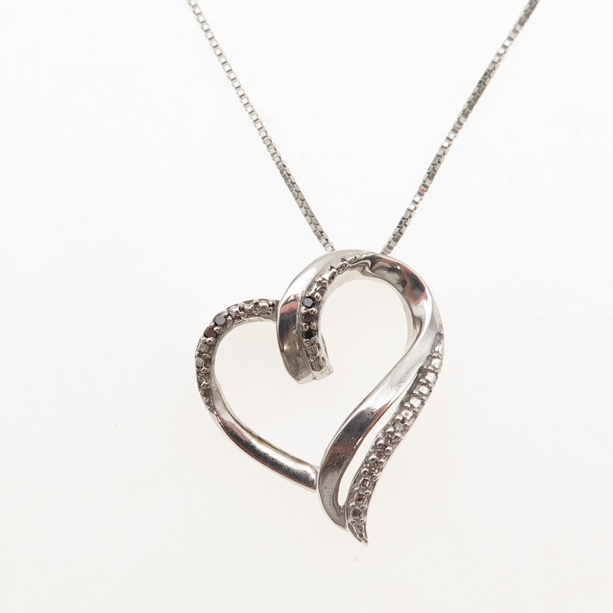 925 Sterling Silver Real Black & White Diamond Heart Box Chain Necklace 18"
