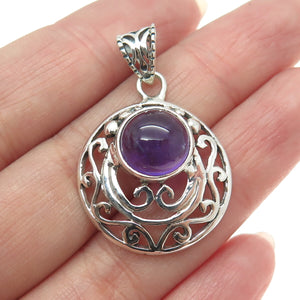 925 Sterling Silver Vintage Real Amethyst Gemstone Swirl Ornate Pendant