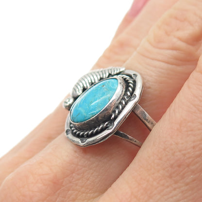 Old Pawn Sterling Silver Vintage Southwestern Turquoise Feather Ring Size 9.75