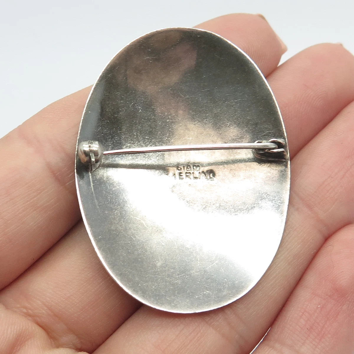 925 Sterling Silver Vintage Siam Hindu Goddess Oval Pin Brooch