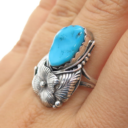 Old Pawn 925 Sterling Vintage Turquoise Flower Blossom Oxidized Ring Size 9.75