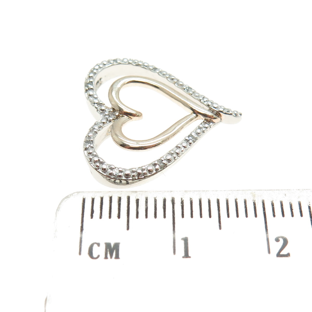 925 Sterling Silver 2-Tone Real Round-Cut Diamond Heart Slide Pendant