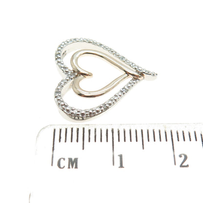 925 Sterling Silver 2-Tone Real Round-Cut Diamond Heart Slide Pendant