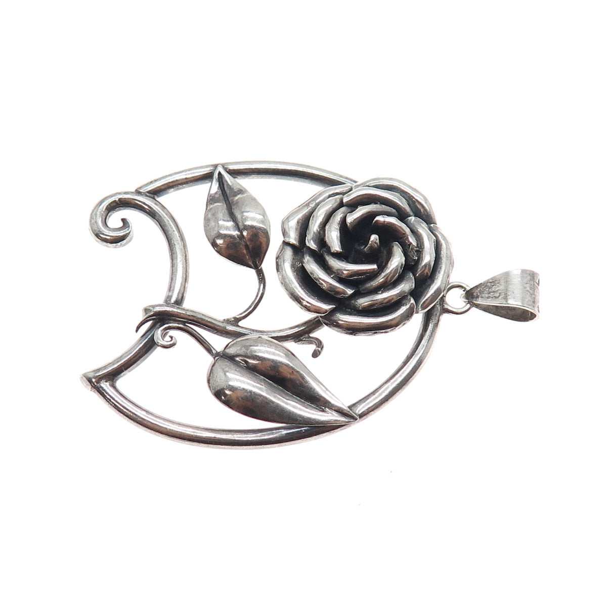 925 Sterling Silver Vintage Belle Rose Oxidized Charm Pendant