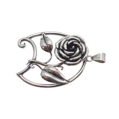 925 Sterling Silver Vintage Belle Rose Oxidized Charm Pendant