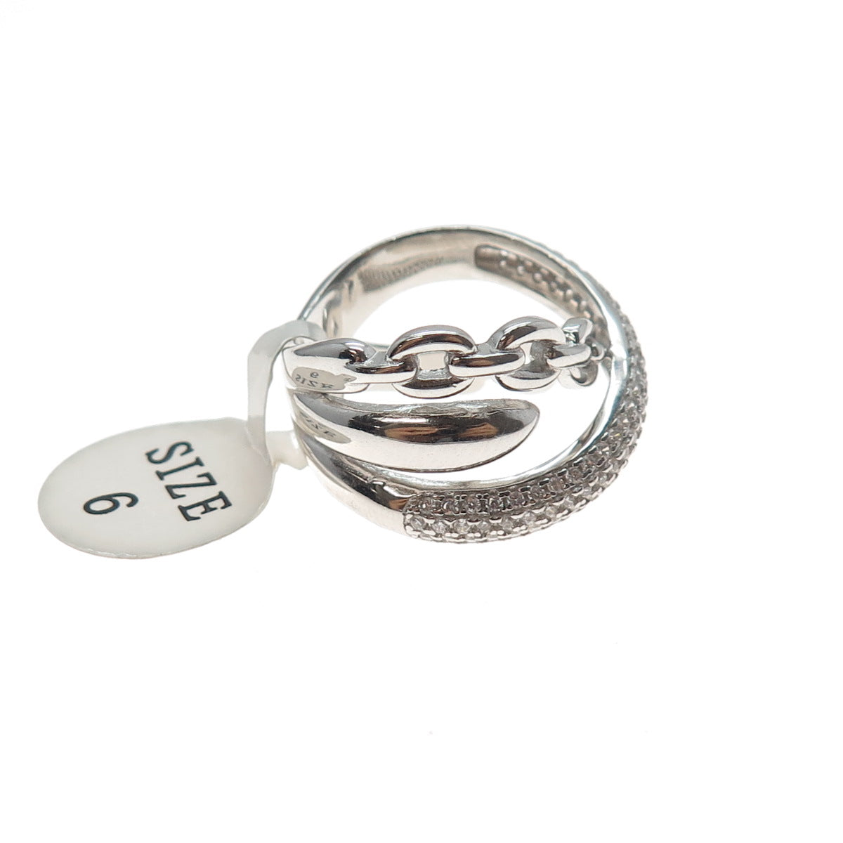 925 Sterling Silver Round-Cut C Z Crisscross Ring Size 6