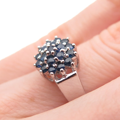 925 Sterling Silver Real Round-Cut Sapphire Floral Ring Size 5