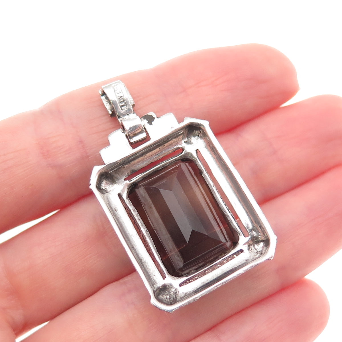 925 Sterling Silver Antique Art Deco Real Smoky Quartz & Marcasite Charm Pendant