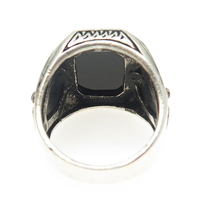 925 Sterling Silver Vintage Real Black Onyx Lion Signet Ring Size 11.25