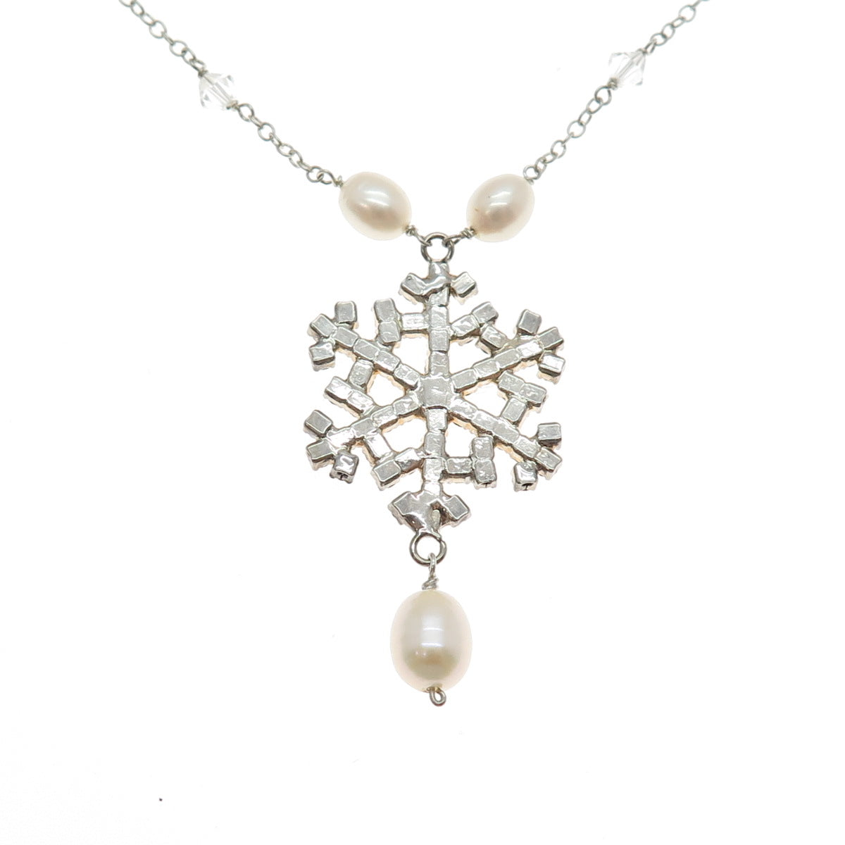 925 Sterling Vintage Real Pearl By The Yard & Rhinestone Snowflake Necklace 16"