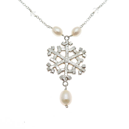 925 Sterling Vintage Real Pearl By The Yard & Rhinestone Snowflake Necklace 16"