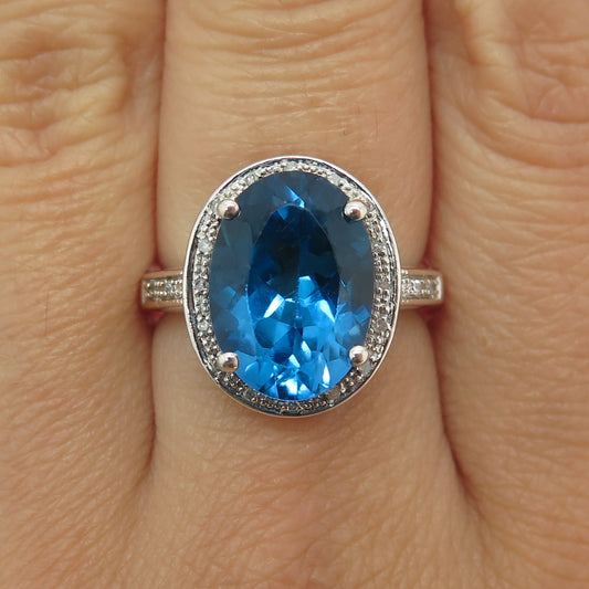 925 Sterling Silver Real Round-Cut Diamond & Swiss Blue Topaz Ring Size 7.25