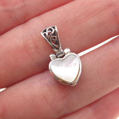 925 Sterling Silver Vintage Real MOP Heart Oxidized Charm Pendant